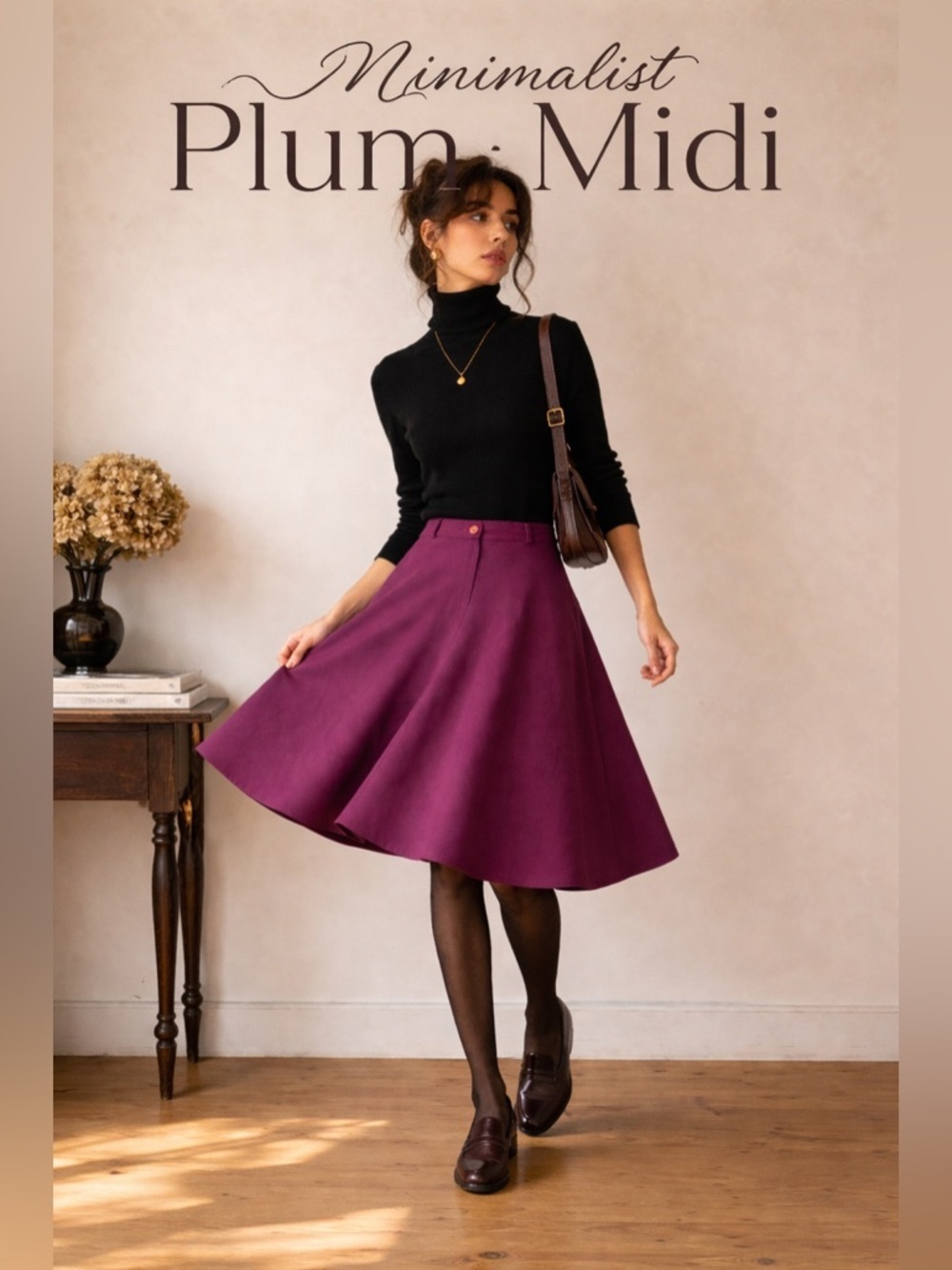 Vintage Plum Midi Skirt A-Line Bias Cut Minimalist Office Chic Small Purple